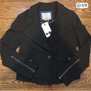 ANTHROPOLOGIE Black Tailored Moto Zipper Sleeve Button Front Pea Coat Blazer